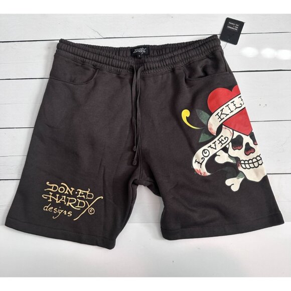 ED HARDY Love Kills Slowly Dagger Heart Skull Woven Shorts Olive Men’s L New - Picture 1 of 6